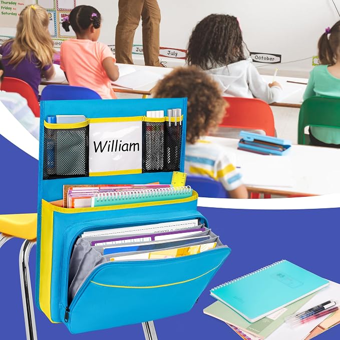 15” x 20” Chair Pocket for Classroom, 1 Piece Seat Sack, Chairback Buddy Organizer Pocket for School, Kindergarten with Name Tag, Mesh Pockets, Binder Pages Storage (Blue)