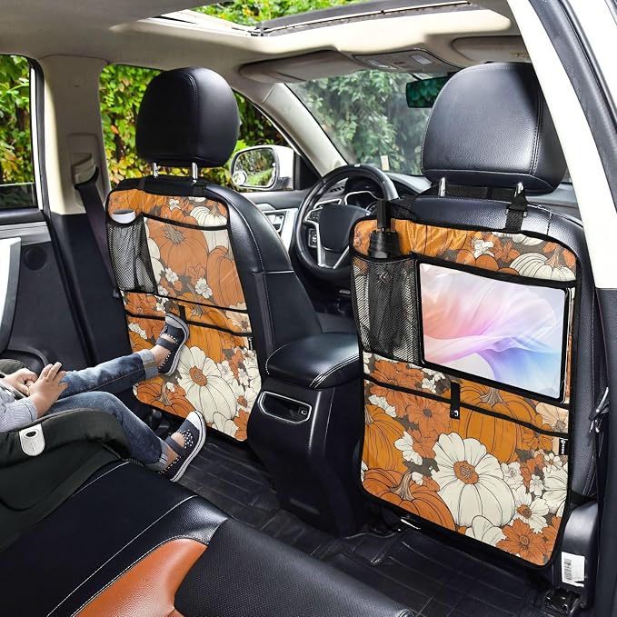 Thanksgiving Pumpkins Flowers Orange 2 Pack Backseat Car Organizer with Storage Pockets Seat Back Organizers for Kids Kick Mats Backseat Protector Automotive