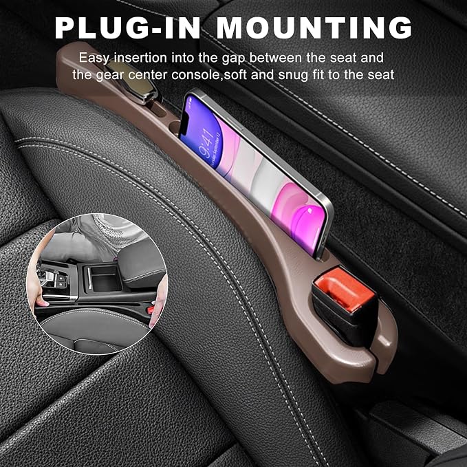 2 PCS Car Seat Gap Filler, Multifunctional Side Seat Gap Stopper Organizer with Phone Holder, Automotive Crevice Blocker Plug Between Seats Console to Prevent Dropping (Brown)