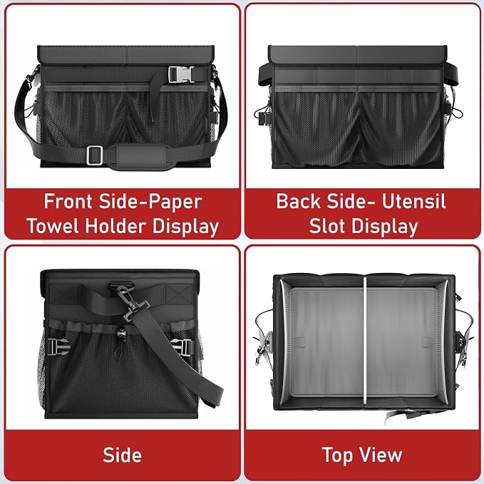 FANGSUN Black Grill Caddy, BBQ Organizer with Lid & Paper Towel Holder, Picnic Griddle Caddy for Outdoor Camping, Barbecue Accessories Organizer, 32L Capacity, Black
