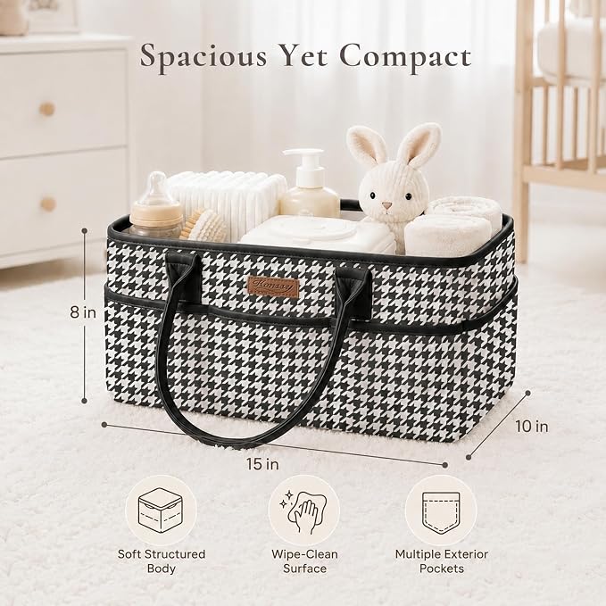 Konssy Quilted Diaper Caddy Organizer, Diaper Caddy Basket with PU Leather Handles, Water-Repellent Nursery Storage Basket, Portable Car Organizer, Registry Search Must Haves (Black Hound)