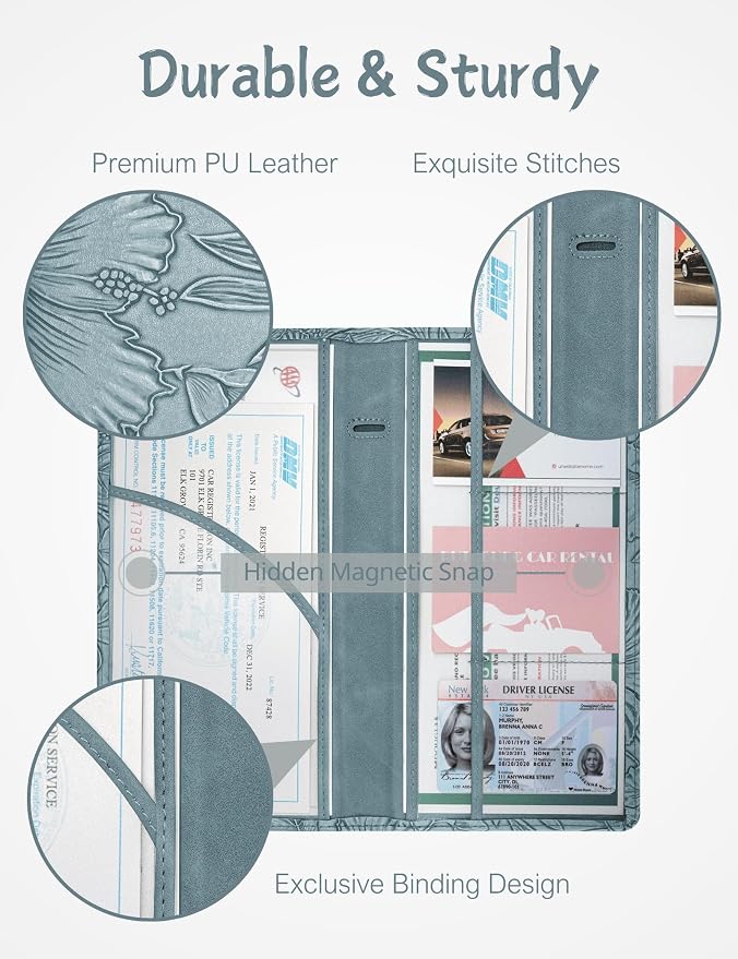 Mymazn Car Registration and Insurance Holder, PU Leather Glove Box Car Organizer with Magnetic Closure, Car Document Holder for Driver's License & Essential Documents (Floral Blue)