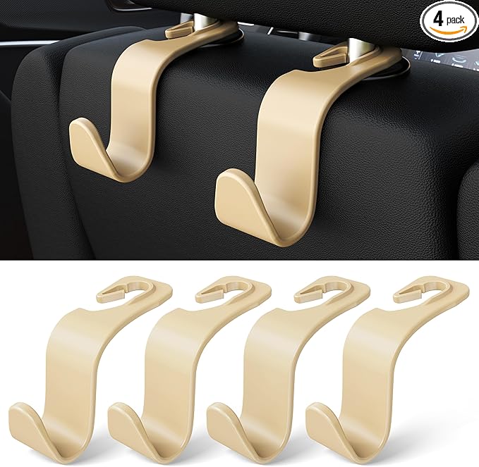 Amooca Car Seat Headrest Hook 4 Pack Hanger Storage Organizer Universal for Handbag Purse Coat Universal fit Vehicle Car Beige with Clip