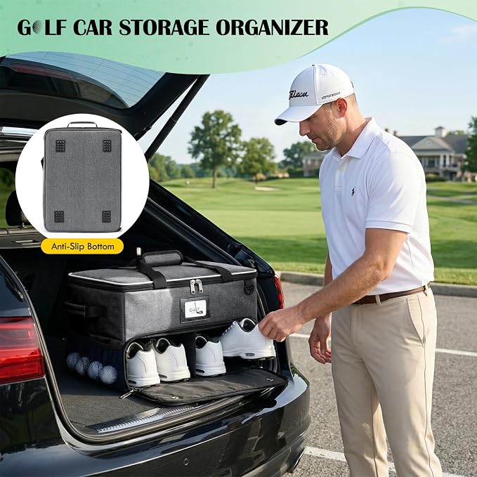 RAINSMORE Golf Trunk Organizer Golf Bag Organizers Golf Shoe Bag with Separate Ventilated Compartment for 2 Pair Shoes Golf Accessories for Balls, Gloves, Clothes