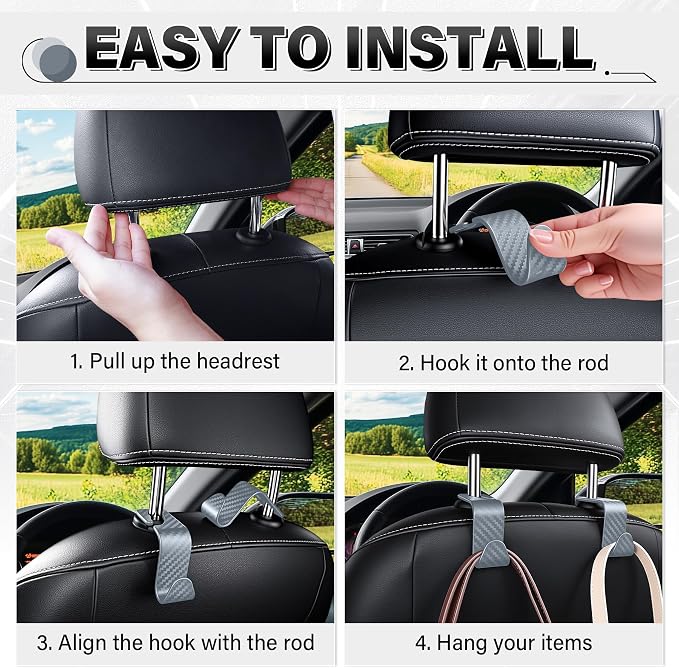 SINGARO Universal 4 Pack Car Seat Headrest Purse Hook, Carbon Fiber Back Seat Hook Storage Organizer Hanger for Purse Handbag Coat, Car Interior Accessories(Gray)
