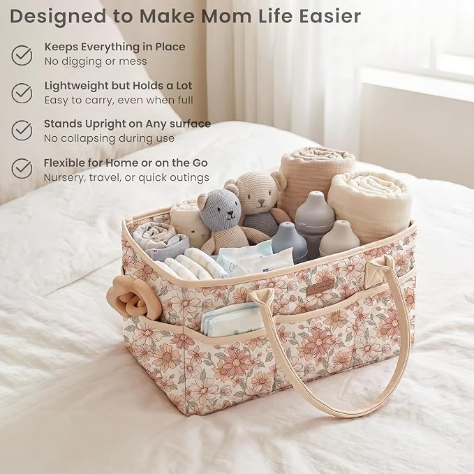 Konssy Floral Quilted Diaper Caddy Organizer, Diaper Caddy Basket with PU Leather Handles, Water-Repellent Nursery Storage Basket, Portable Car Organizer, Registry Search Must Haves (Vintage Petals)