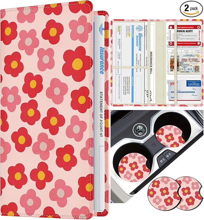 Slohif Car Registration and Insurance Card Holder - Floral Vehicle Glove Box Organizer Women with Magnetic Shut Leather Automobile License Holders Coasters Auto Accessories Case for Document