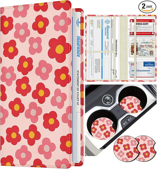 Slohif Car Registration and Insurance Card Holder - Floral Vehicle Glove Box Organizer Women with Magnetic Shut Leather Automobile License Holders Coasters Auto Accessories Case for Document