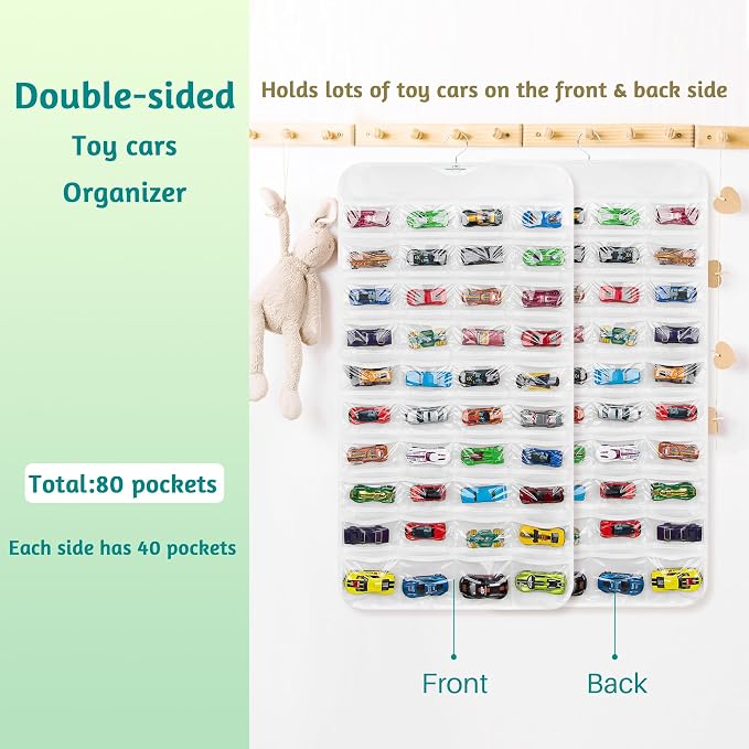 Hanging Organizers for Mini Car Double Sided 80 Pockets Display Case for Toy Cars(Without Toy Cars) (One Piece White)