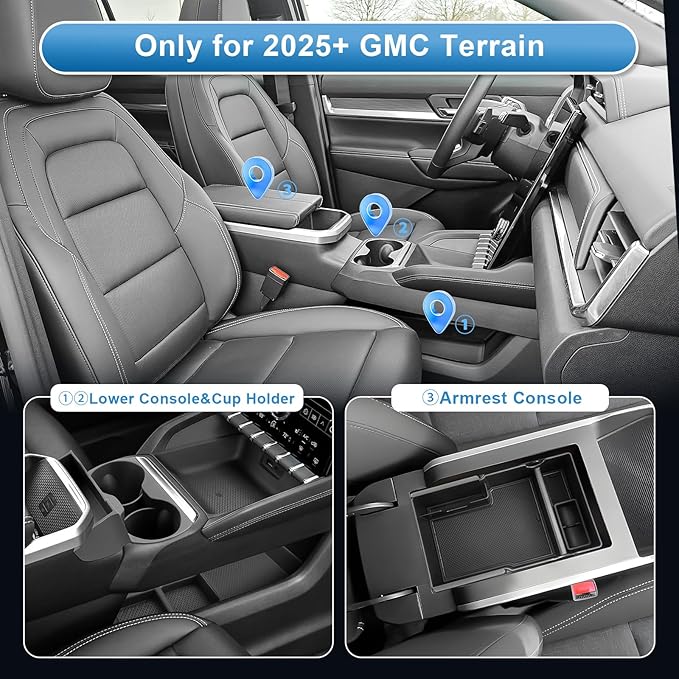 (3Pack) Coleya 2025 2026 Terrain Center Console Organizer (Cup Holder+Lower Console Tray+Armrest Tray)(Elevation/Denali/AT4), Durable ABS Plastic&Anti-Slip Console Tray Insert 2025 Terrain Accessories