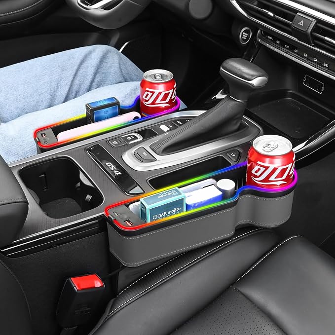 7 Color Led Car Seat Gap Organizer with 56W Type C USB Charging Multifunctional Front Seat Organizer with Cup Holder Console Organizer Seat Gap Filler with Vibe Lamp for Andriod iPhone Grey