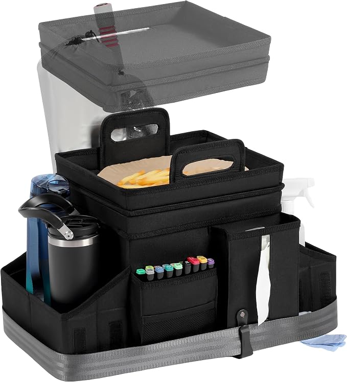 LUVHOMEE Car Organizers and Storage for Backseat & Front Seat - Collapsible Car Caddy w/Headrest Strap, Leakproof Cooler, Lid & Cup Holders | Fits Passenger Seat, Easy-Access Travel Snacks & Drinks