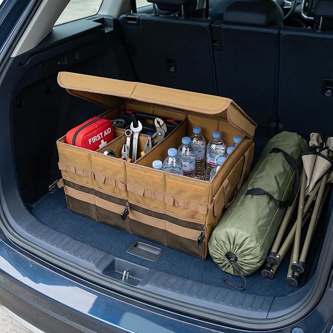 Large 70L SUV Trunk Organizer, Trunk Organizer With Lid, Foldable Cargo Storage Box, Brown, 4-Compartments With Handle,Universal for Car Sedan Truck Camping Grocery Shopping Travel
