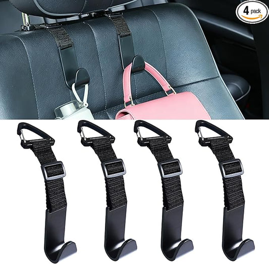 Adjustable 4-Pack Car Headrest Hooks - Universal Seat Back Organizer with Heavy-Duty Clip for Purses, Bags & Groceries Black