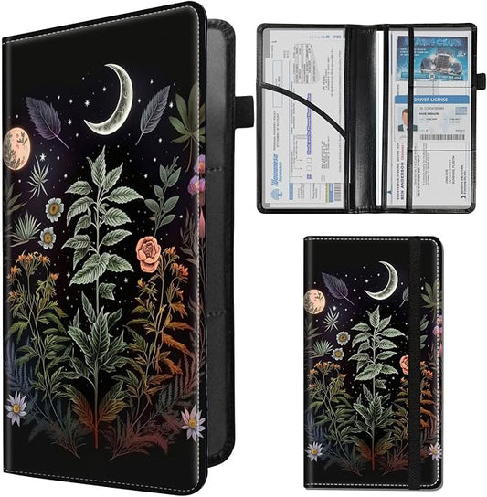 Car Registration and Insurance Holder,Leather Insurance License and Registration Card Holder for Car Glove Box, Auto Truck Document Holder Organizer for Men Women-Flowers Plants Moon Night