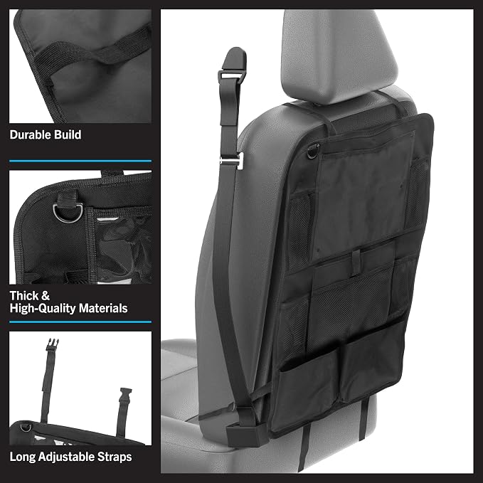 Stalwart Car Seat Organizer 2-Pack - Car Organization Attachments for Backseat with 9 Pockets and Tablet Holder - Road Trip Essentials (Black)