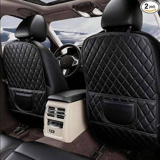 Leatherette Car Seat Protector - 2 Pack Large Car Kick Mats with Storage Pockets Organizer Seat Back Cover Against Dirty Shoes & Scratches, Universal Fit for Most Vehicles (Black)