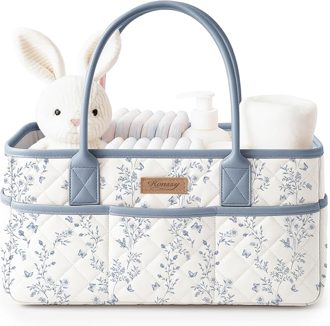Konssy Floral Quilted Diaper Caddy Organizer, Diaper Caddy Basket with PU Leather Handles, Water-Repellent Nursery Storage Basket, Portable Car Organizer, Registry Search Must Haves (Blue Garden)