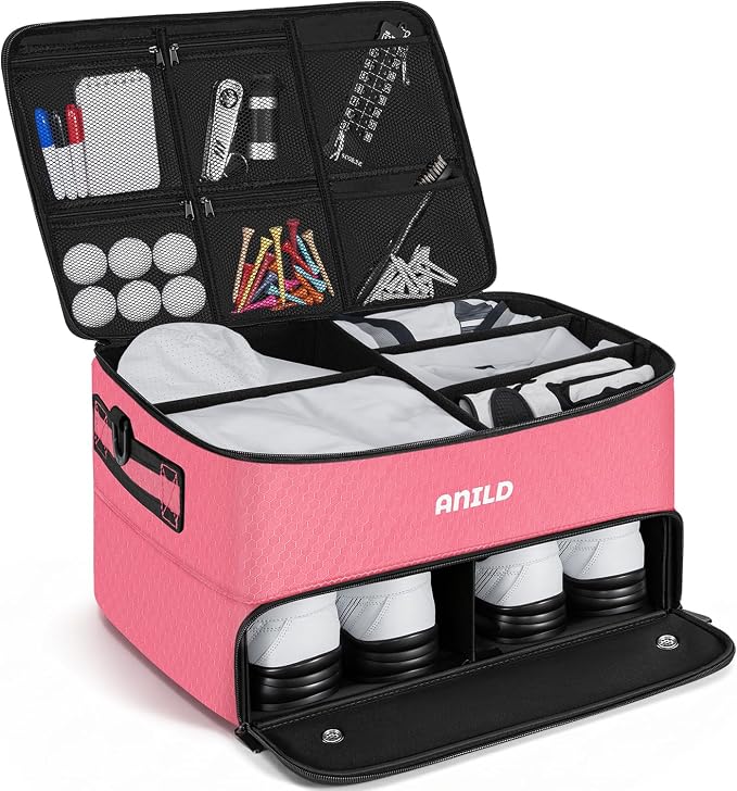 ANILD Golf Trunk Organizer, 2 Layer Golf Storage Case with Separate Ventilated Compartment for 2 Pair Shoes, for Balls, Tees, Clothes, Gloves, Accessories, Golfer Gifts