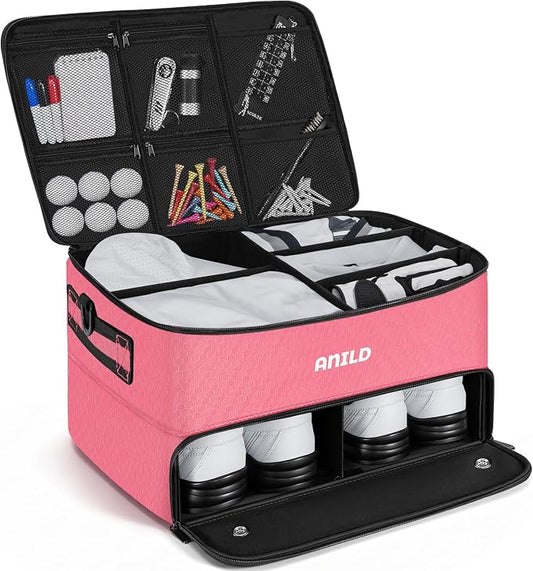 ANILD Golf Trunk Organizer, 2 Layer Golf Storage Case with Separate Ventilated Compartment for 2 Pair Shoes, for Balls, Tees, Clothes, Gloves, Accessories, Golfer Gifts