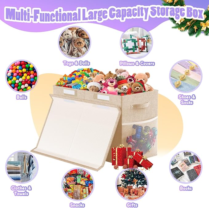 Large Toy Storage Box with Lid Divider, Sturdy Collapsible Toys Organizer Chest Kids Storage Bins Boxes Baskets for Boys, Girls, Nursery, Bedroom, Living Room, Playroom, 25"x13"x16", Beige