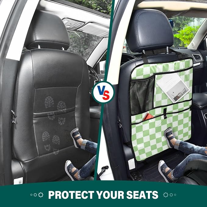 Checkered Light Green 2 Pack Backseat Car Organizer with Storage Pockets Seat Back Organizers for Kids Kick Mats Backseat Protector Automotive