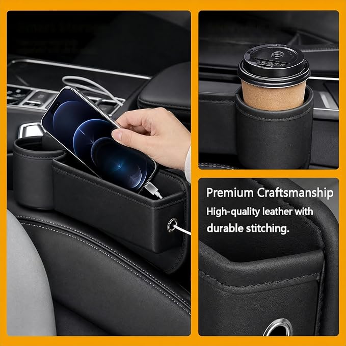 2 Pack Car Seat Gap Organizer with Cup Holder, Multipurpose Leather Car Seat Gap Filler, Universal Front Seat Storage Box for Cell Phones, Wallets, Keys, Cards, Car Interior Accessories