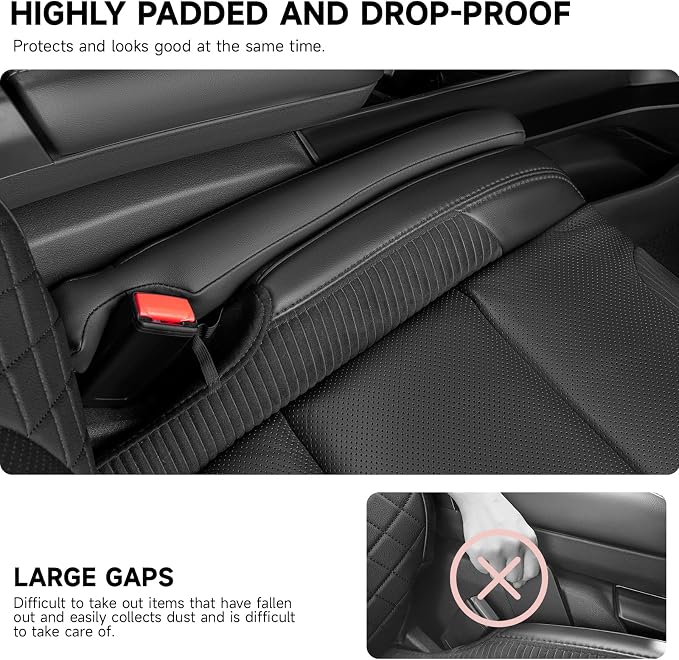 Car Seat Gap Filler, 2 Pack Leather Universal Gap Stopper for Car Truck SUV to Block The Gap Between Seat and Console Organizer Stop Things from Dropping, Black