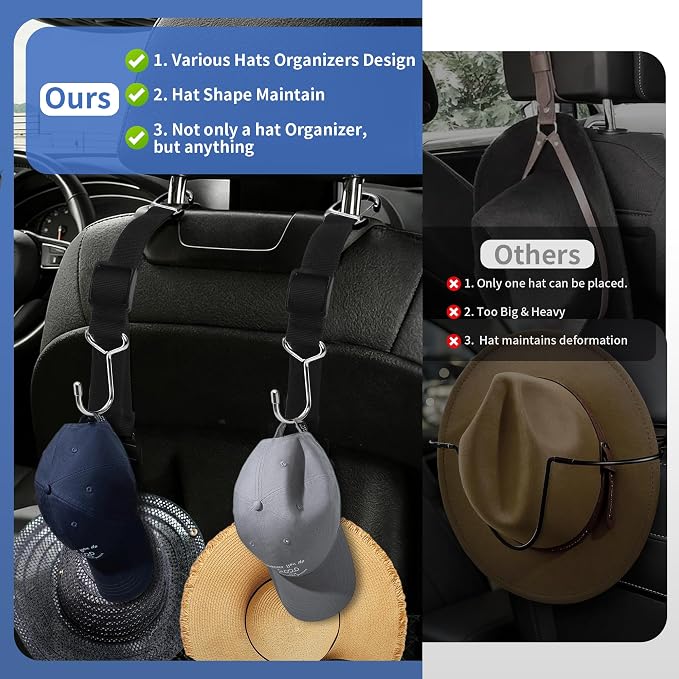Car Seat Headrest Hooks, Adjustable Purse Hook for Car with Hat Clip, 100 LBS Heavy Duty Metal Headrest Hooks for Car to Hold Bags & Caps, Easy Install Backseat Organizer (4 Pack)