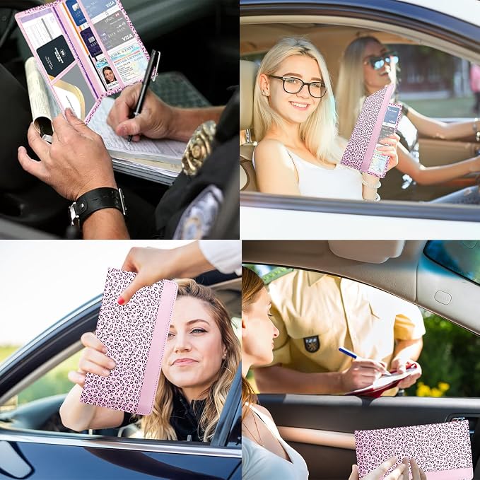 Car Registration and Insurance Holder with Magnetic Closure, Universal Document Organizer for License, Insurance Cards & Glove Box Storage (Leopard-Pink)