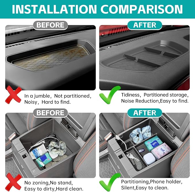 2PCS Center Console Organizer Set Compatible with 2022-2024 Nissan Frontier S/SV/Pro-X/Pro-4X/SL Accessories (NOT FIT 2025 2026), Dashboard Tray with Phone Holder & Armrest Storage Box
