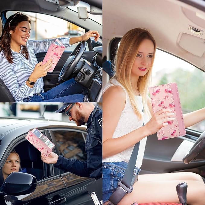 Car Registration and Insurance Holder with Magnetic Closure, Universal Document Organizer for License, Insurance Cards & Glove Box Storage (Cherry-Pink)