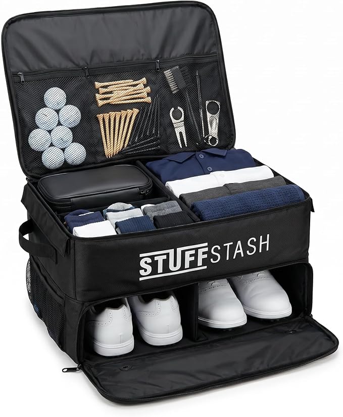 STUFFSTASH Golf Trunk Organizer for Car – Rigid, Won’t Collapse | Ventilated Shoe Compartment, Adjustable Dividers & Mesh Pockets | Golf Gift for Men & Women | Premium Car Trunk Storage Organizer