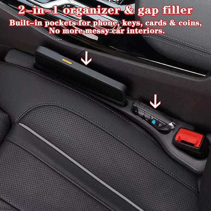 Car Seat Gap Filler Organizer of 2 – Universal Car Gap Seat Filler with Storage Pockets, No Drop Seat Guard for Phones, Keys & Cards, Car Accessories for Most Cars Trucks SUVs(Beige)