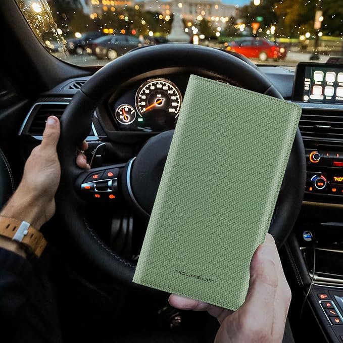 TOURSUIT Car Registration and Insurance Card Holder, Vehicle License Document Glove Box Compartment Organizer, Interior Car Accessories for Women Men (Carbon Green)