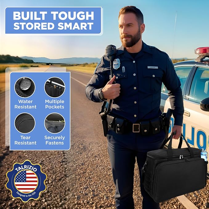 Patrol Bag Law Enforcement Car Front Seat Organizer, 17" Laptop Sleeve, MOLLE, Cup Holder, Water Resistant, Multiple Pocket Tactical Police Gear and Duty Bag