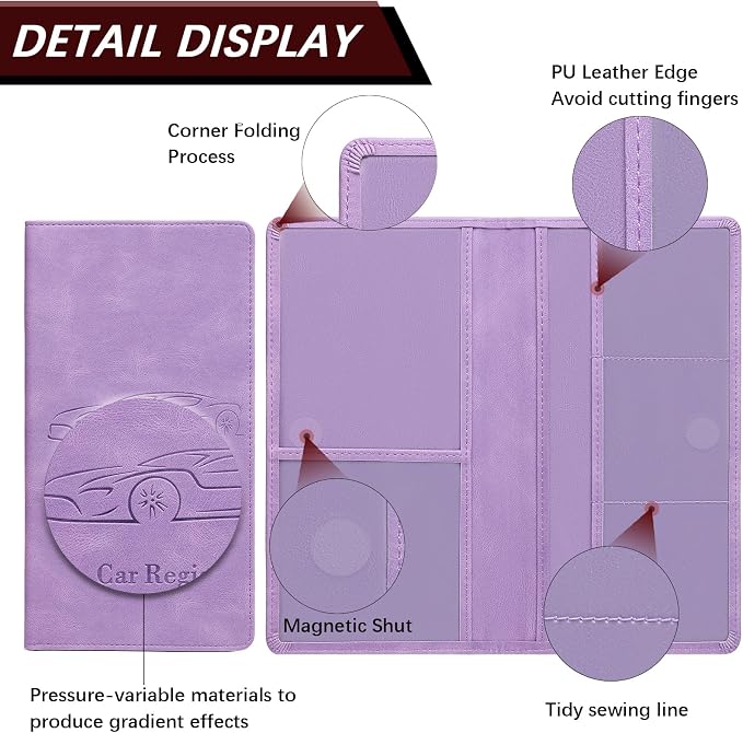 Car Registration and Insurance Card Holder for Women Men, Purple Glove Box Paperwork Organizer with Magnetic Buckle for Easy Access and Protect Documents and Various Cards in Vehicle
