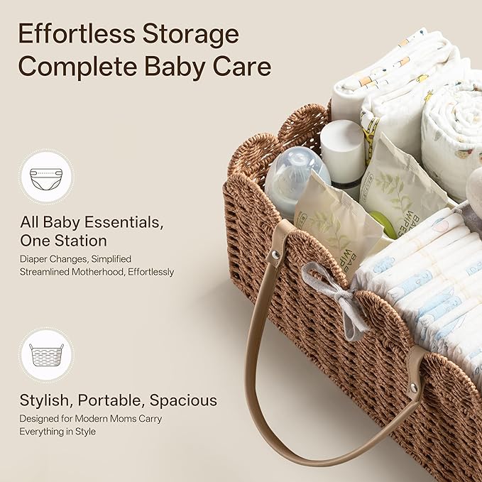 HBlife Large Baby Diaper Caddy, Paper Rope Storage Baskets Nursery Bin with Removable Divider, Portable Car Organizer for Diapers, Baby Shower Gifts, Newborn Essentials Must Haves