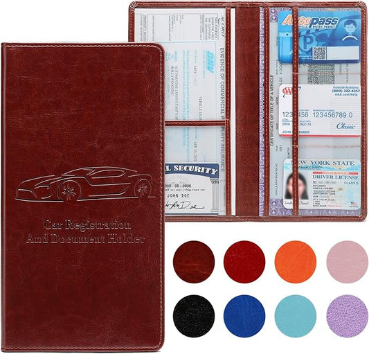 Car Registration and Insurance Card Holder for Women Men, Dark Brown Glove Box Paperwork Organizer with Magnetic Buckle for Easy Access and Protect Documents and Various Cards in Vehicle