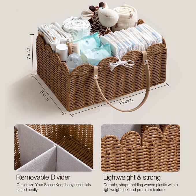 HBlife Baby Diaper Caddy Organizer, Portable Scalloped Plastic Wicker Woven Basket with Divider, Nursery Diaper Station, Baby Shower Gifts Basket, Car Organizer, Washable Waterproof