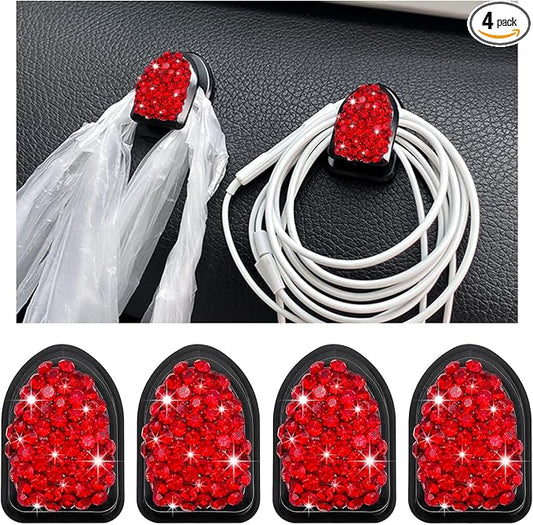 Yourkar 4PCS Bling Car Mini Hooks, Multifunctional Adhesive Small Auto Storage Hook for Key Cable Mask, Crystal Rhinestone Dashboard Hanging Hook, Interior Decor Car Accessories (Red)