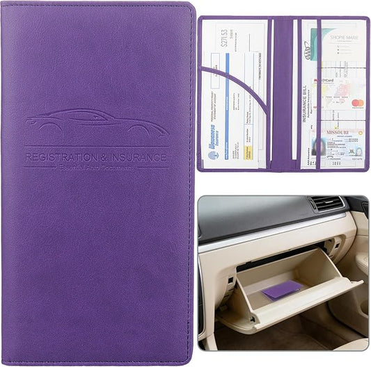 Car Registration and Insurance Holder, Premium Pu Leather Vehicle Glove Box Organizer - for Driver License, Cards & Essential Documents (L-Purple)