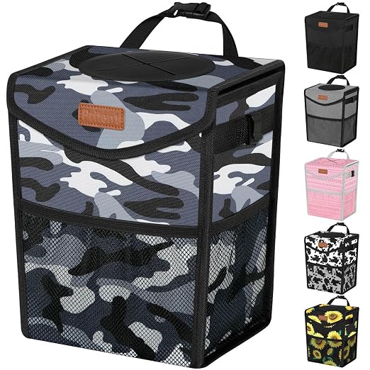 Pritent Car Trash Can with Lid, Cute Leakproof Car Trash Garbage Bag Hanging Vehicle Trash Bin Small Portable Automotive Garbage Cans Organizer for Back/Front Seat/Console(Trapezoid,Camo Grey)