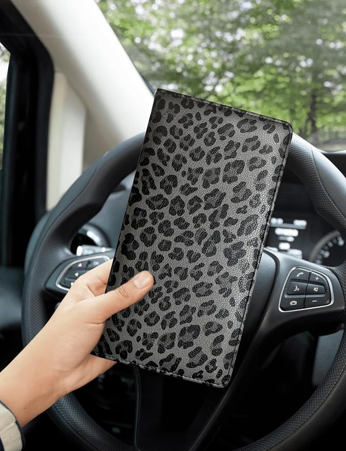 Mymazn Car Registration and Insurance Holder, PU Leather Glove Box Car Organizer with Magnetic Closure, Car Document Holder for Driver's License & Essential Documents (Grey Leopard)