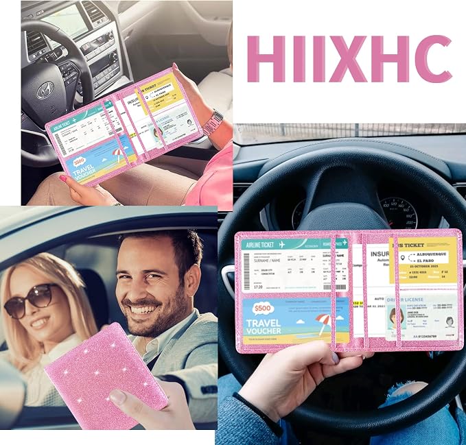 Car Registration and Insurance Holder, 5.5 x 5 Inch PU Leather Vehicle Glove Box Organizer Wallet Case Organizer for Insurance Card, Driver License, Essential Document, Paperwork Glitter Hot Pink