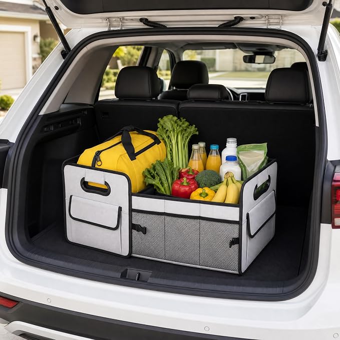 Car Trunk Organizer Basket with Front & Side Pockets | Foldable Waterproof Oxford Cloth for SUV & Truck | Durable Large Capacity Storage Box with Velcro Dividers & Secure Buckles（Grey）