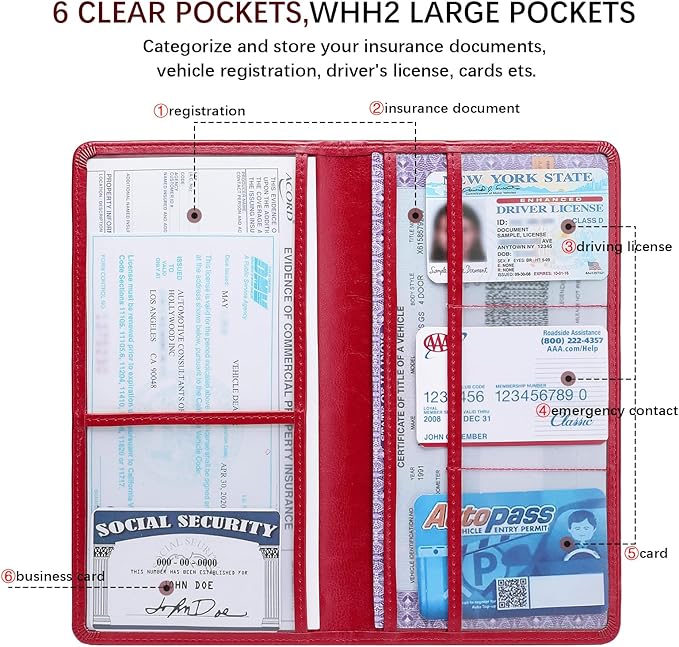 Car Registration and Insurance Card Holder for Women Men, Red Glove Box Paperwork Organizer with Magnetic Buckle for Easy Access and Protect Documents and Various Cards in Vehicle