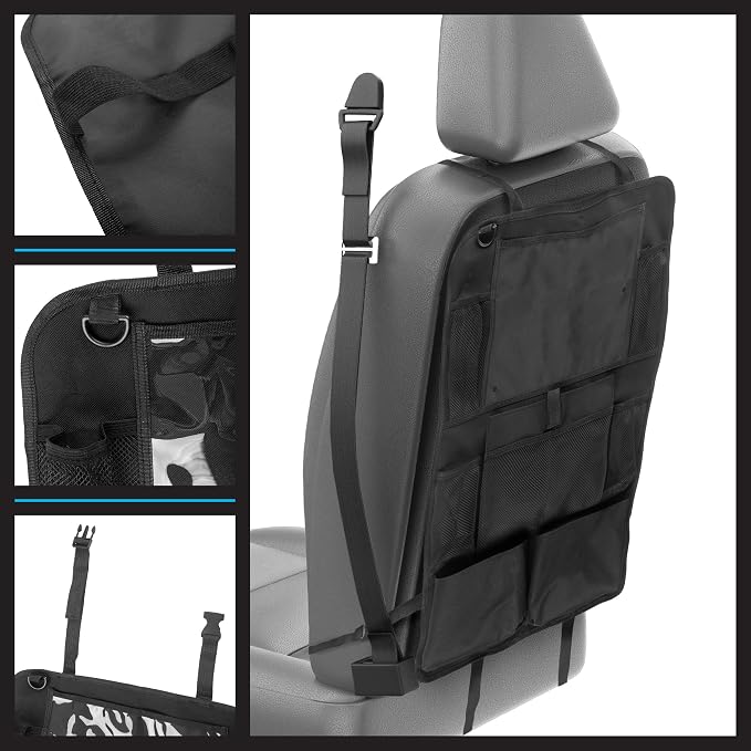 Stalwart Car Seat Organizer 2-Pack - Car Organization Attachments for Backseat with 9 Pockets and Tablet Holder - Road Trip Essentials (Black)