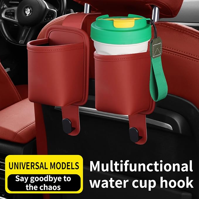 2-Pack Car Seat Back Cup Holder Organizer, Red | Faux Leather, With Hooks, Universal Backseat Storage, For Drinks, Bottles & Travel Accessories