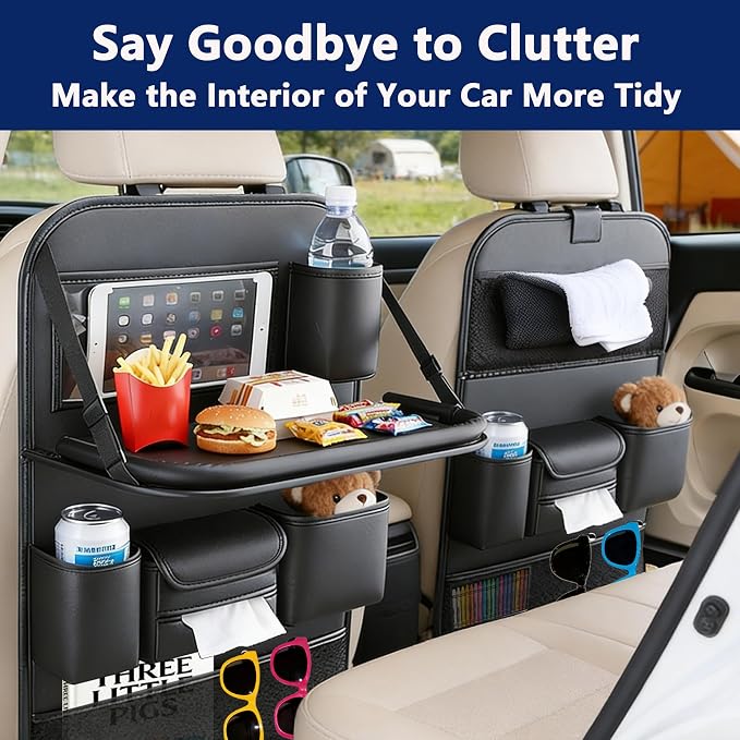 Car Backseat Organizer with Tray – Back of Car Seat Organizer & Storage Caddy, Sturdy Back Seat Organizer with Touch Screen for Tablet, Snacks, Drinks, Tissues... | Waterproof, Universal Fit | 1 Pack